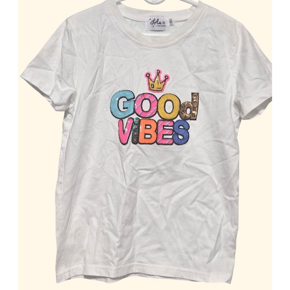 Lola + The Boys Kids White Good Vibes Sequin Crown Cotton T-Shirt Size 10